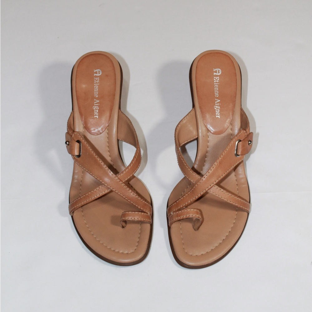 Etienne Aigner Tan Crisscross Toe-Loop Leather Sandals